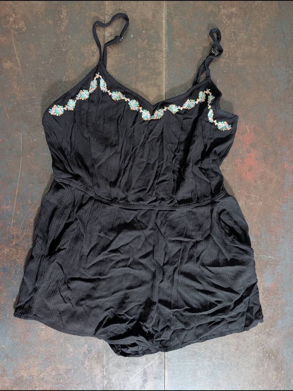 Forever 21 Black Textured Romper With Embroidery